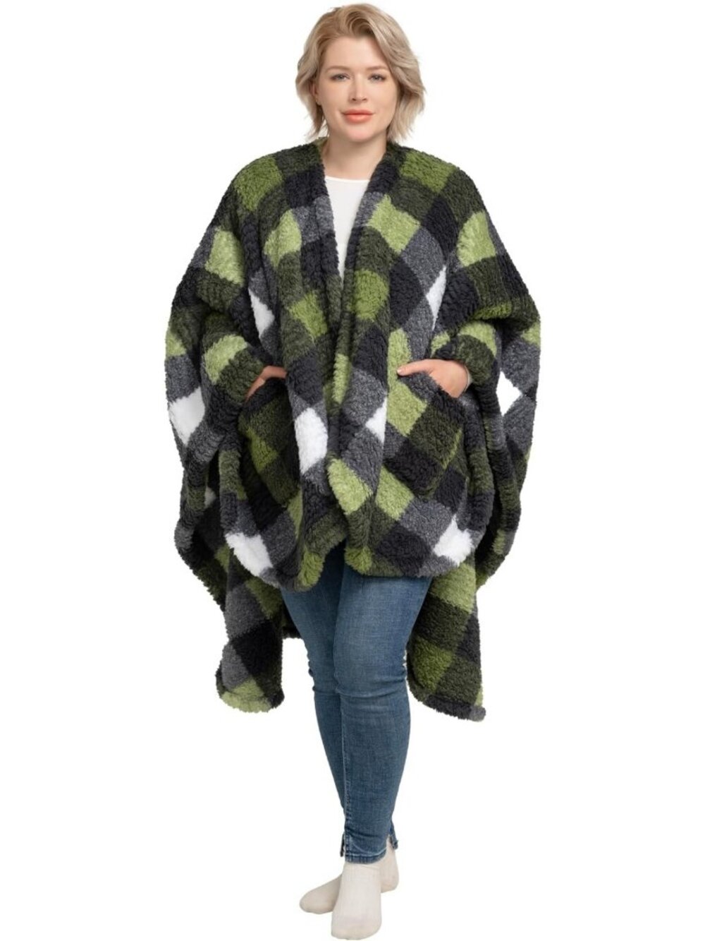 Cozy Double-Sided Sherpa Wearable Blanket Shawl with Pockets - Plush Cape Wrap